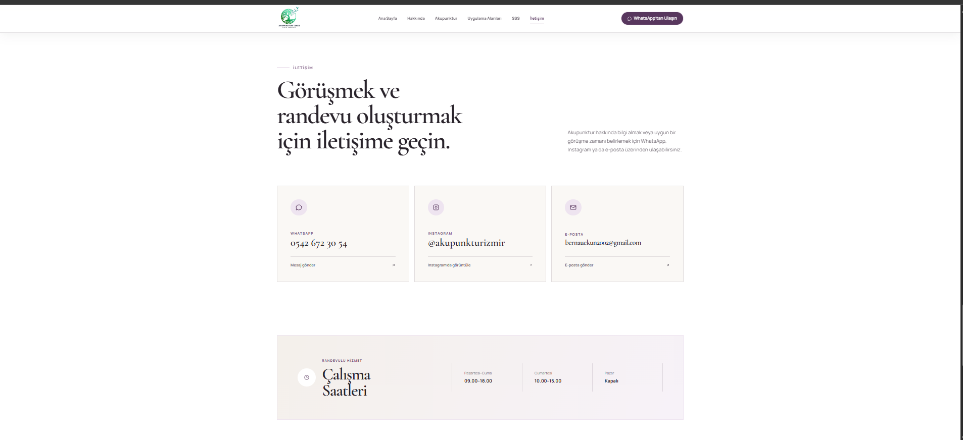 Akupunktur İzmir — İletişim kanalları ve çalışma saatleri