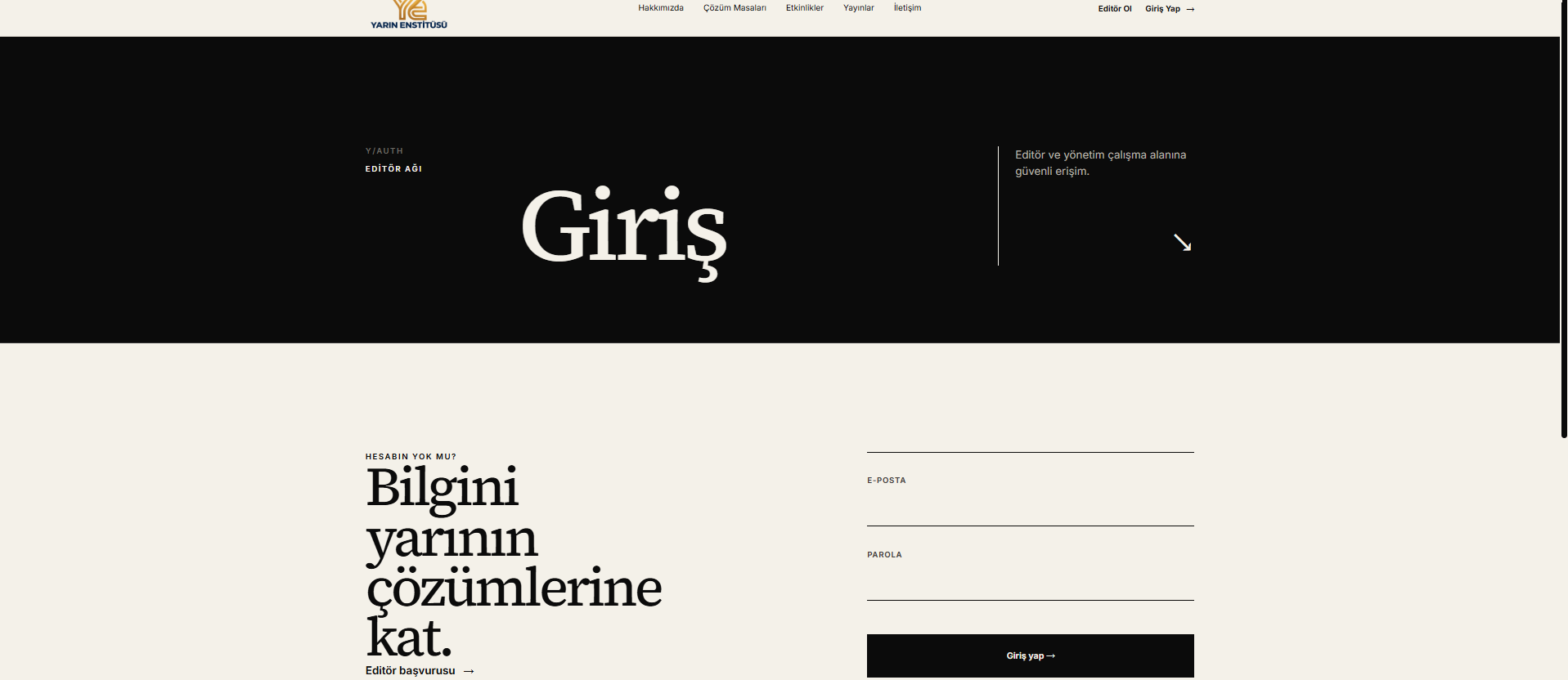 Yarın Enstitüsü — Editör giriş ekranı